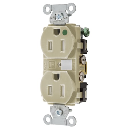 Hubbell Wiring Device-Kellems Duplex Straight Blade Receptacle, 5-15R, 15 A, 125V AC, 2 Pole, 3 Wire, Flush Mount, Grounded 8200IVTRA